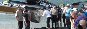 Jane Schumacher christens the 88 Degree Men Unlimited Hydroplane in Madison