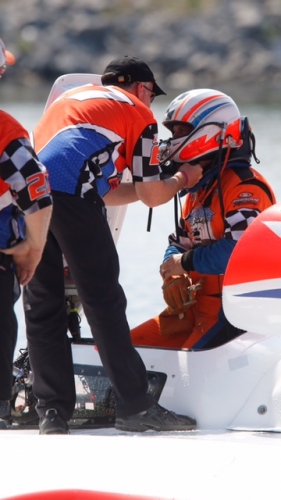 Charlie Wiggins straps into his U-27 Unlimited Hydroplane