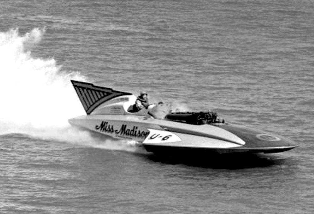Driver George "Buddy" Byers, Jr. wheels the U-6 "MISS MADISON" unlimited hydroplane around the racecourse in 1965. The Miss Madison Racing team is a community owned race team whose mission is to promote the City of Madison, Ind.